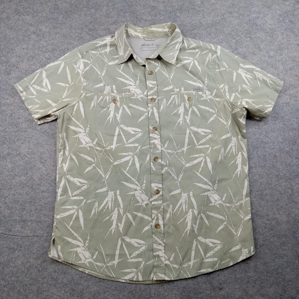 Eddie Bauer Shirt Mens Large Green Bamboo Print Short Sleeve Button Front